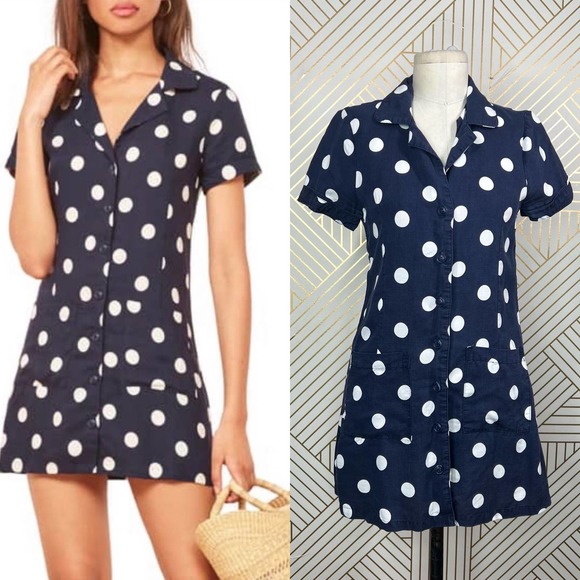 Reformation Dresses & Skirts - Reformation Plymouth Polka Dot Shirt Dress in Navy Blue White Size US XS